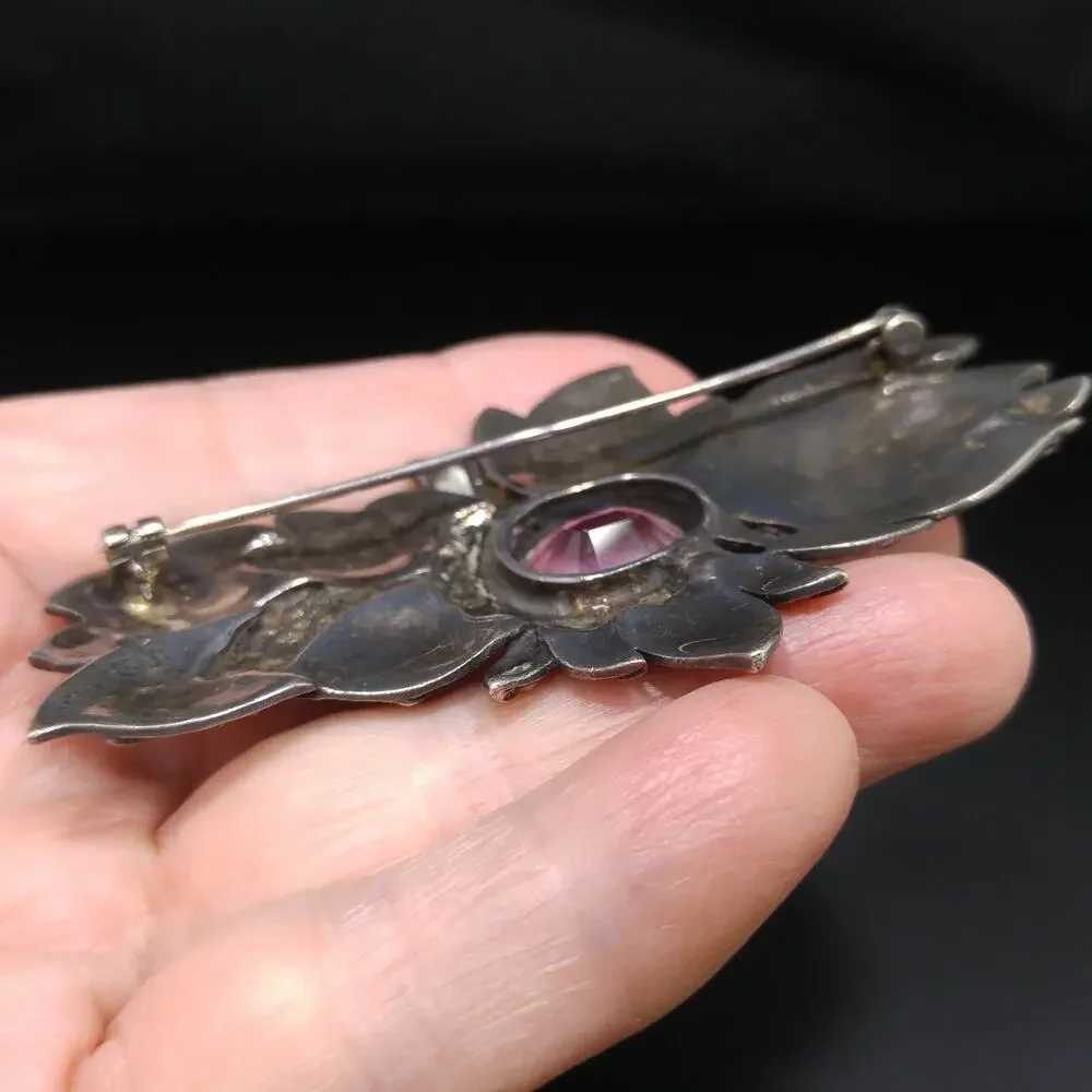 Amethyst Sterling Silver Marcasite Brooch, Artisan Made, 1950s Vintage Jewelry